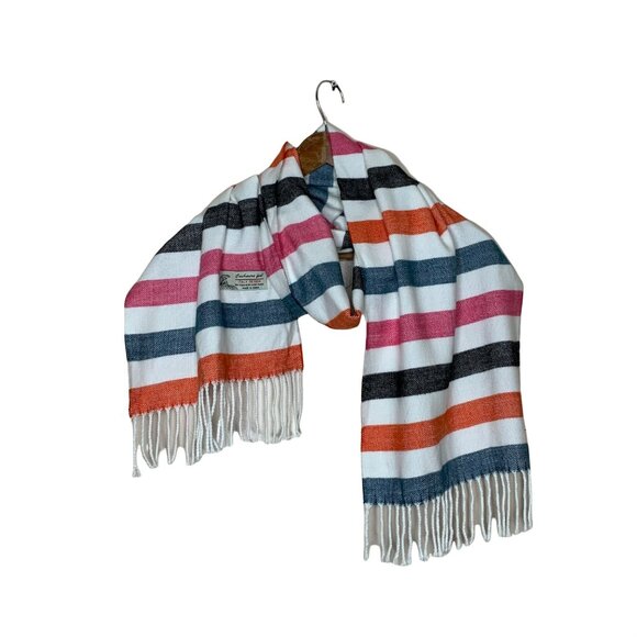 Cashmere Feel Italy Design Bold Colorful Stripe Fringe Scarf Orange Pink White - Picture 1 of 5